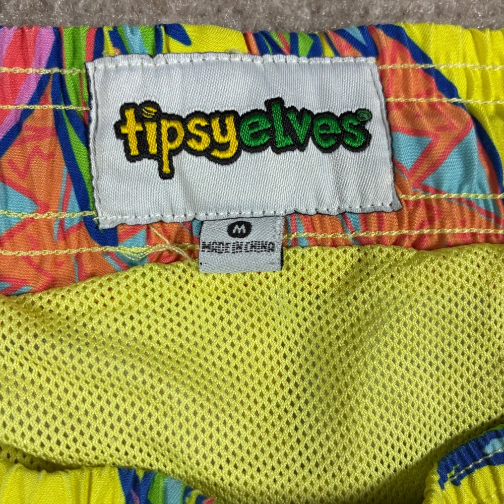 Tipsy Elves Mens Pineapple Print Swim Trunks Neon Yellow Blue Size Medium - Picture 4 of 9